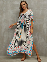 Stripes Floral Geometric Print Kaftan Cover Up Dress V Neck Maxi Boho Bohemian