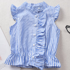 Girls Striped Pearl Button Ruffled Sleeves Lace Trim Shirt Tops