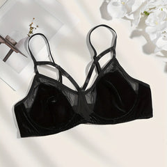 Sexy Bra Women's Plus Velvet Contrast Mesh Cut Out Underwire Solid