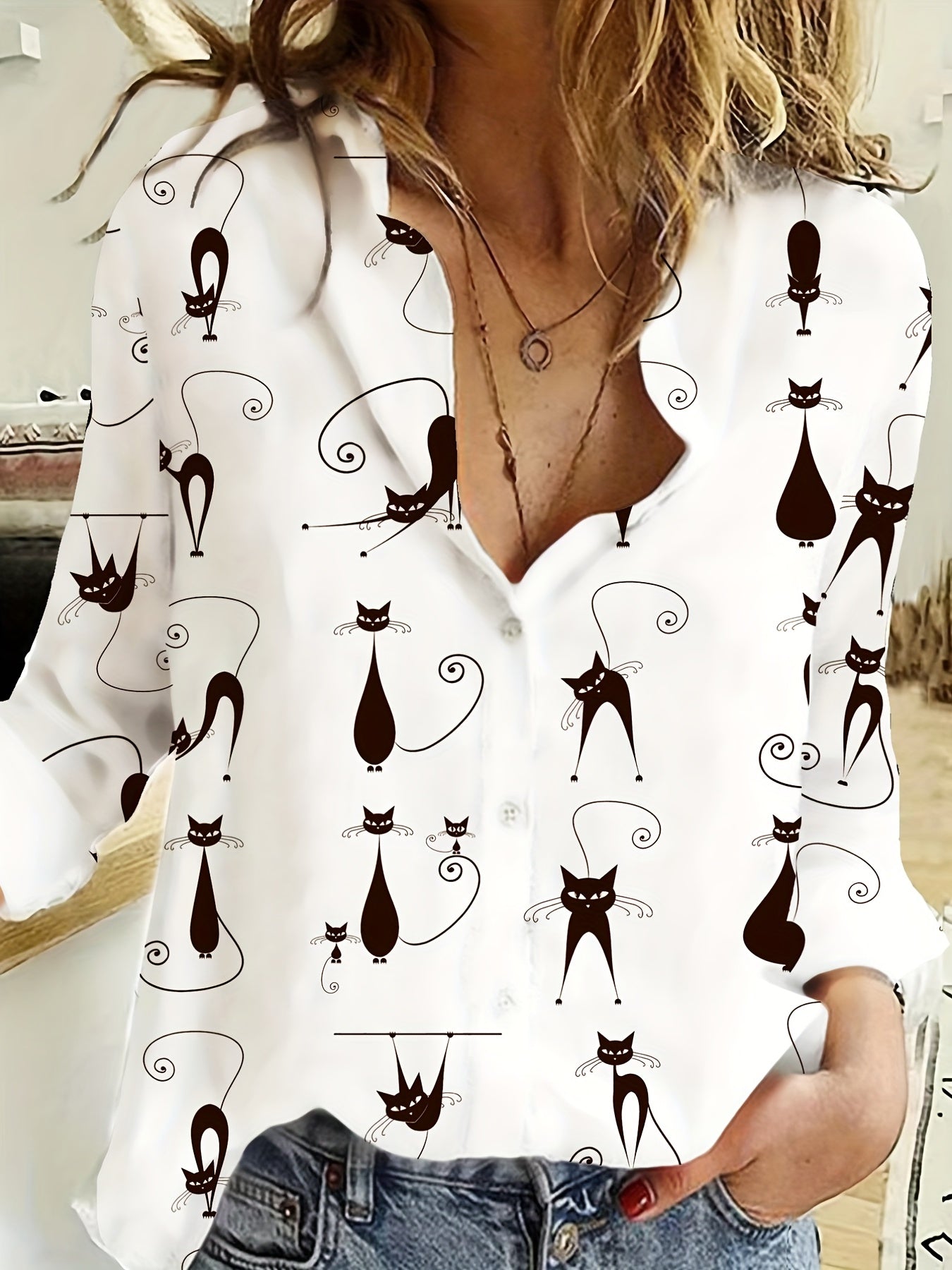 Cartoon Cat Print Button Up Long Sleeve Blouse