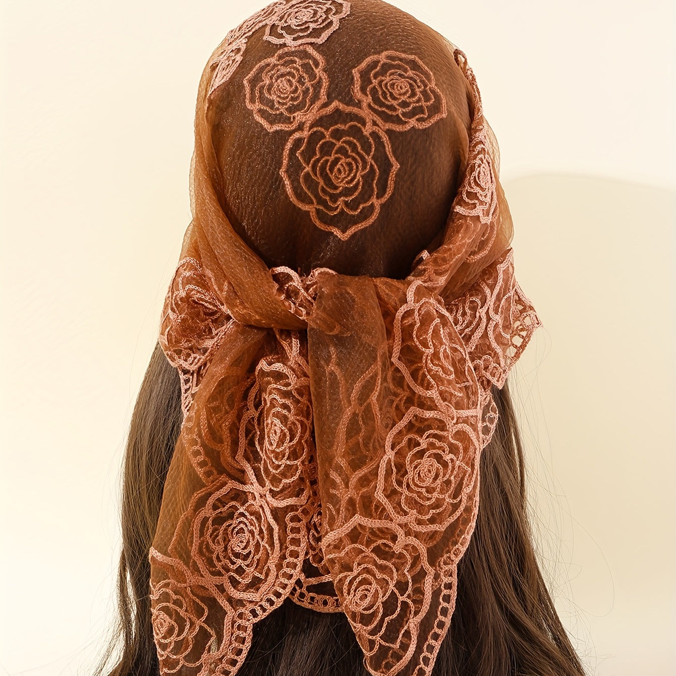 Boho Rose Flower Bandana Sheer Mesh Neckerchief Embroidered Head Wrap
