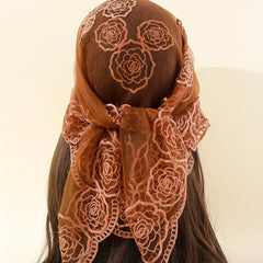 Boho Rose Flower Bandana Sheer Mesh Neckerchief Embroidered Head Wrap