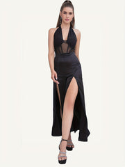 Contrast Mesh Split Halter Jumpsuit Backless Sexy Jumpsuit