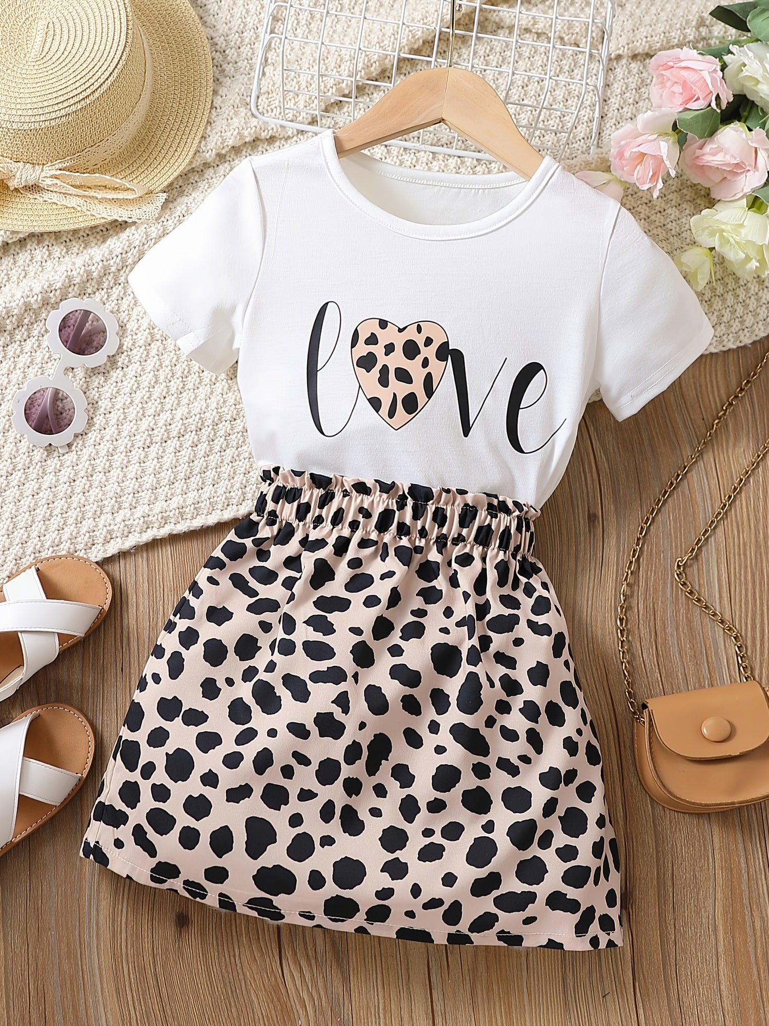 Toddler Girls Heart & Letter Graphic Leopard Paperbag Waist Dress