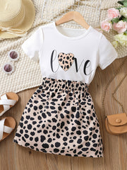 Toddler Girls Heart & Letter Graphic Leopard Paperbag Waist Dress