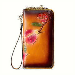 Vintage Floral Leather Long Wallet with Wristlet