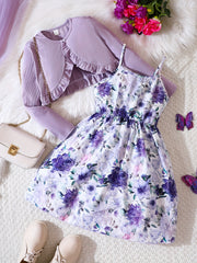 Girl's 2pcs Floral A Line Dress & Ruffle Cardigan Set Spring Autumn
