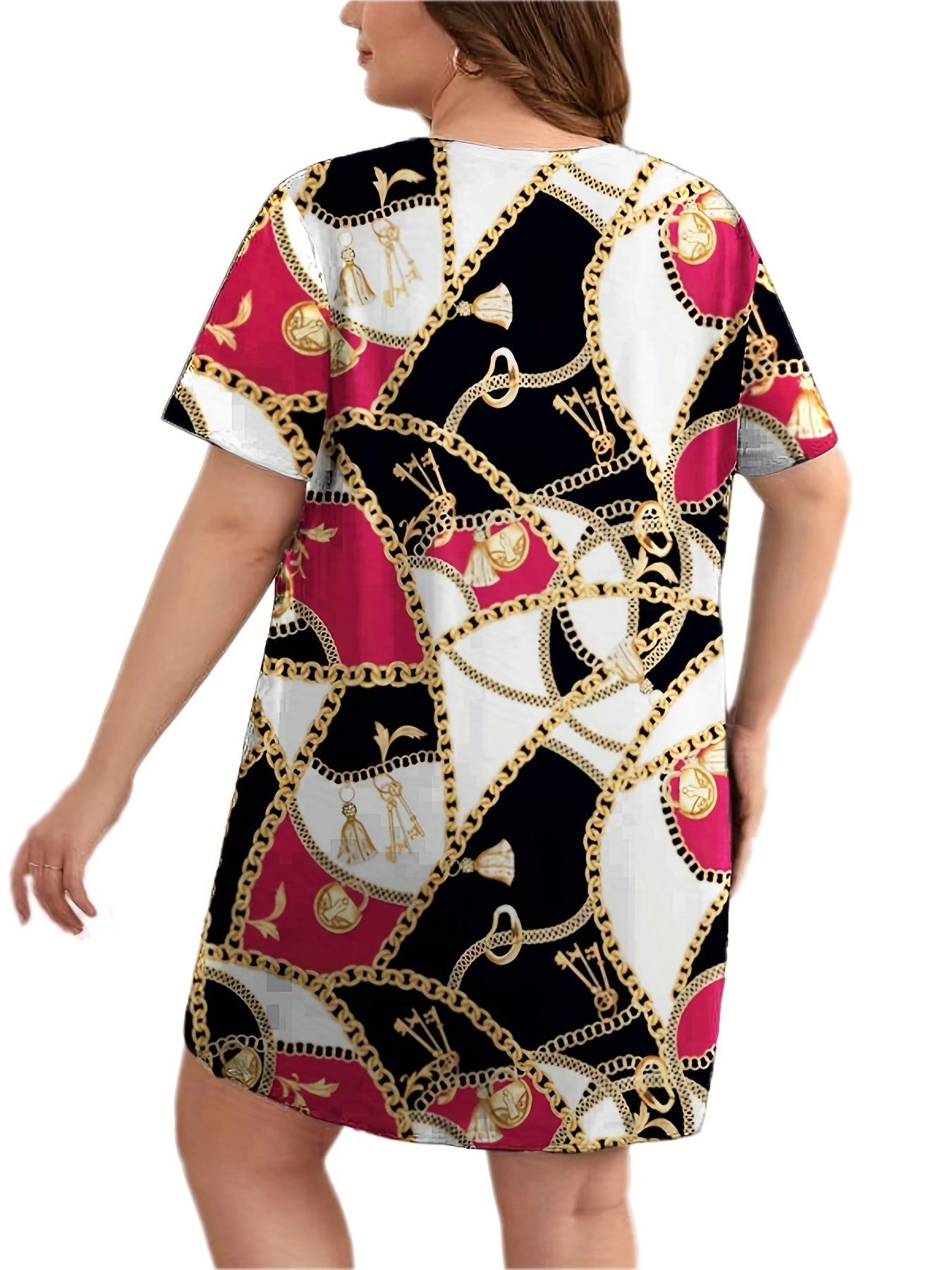 Colorblock Chain Print Round Neck Sleep Dress