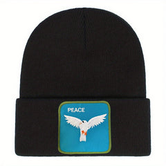 Peace Bird Embroidery Patch Beanie Solid Knit Hat Lightweight Skull Cap