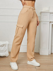Apricot High Waist Straight Jeans Flap Pockets High Rise Loose Fit Wide Leg