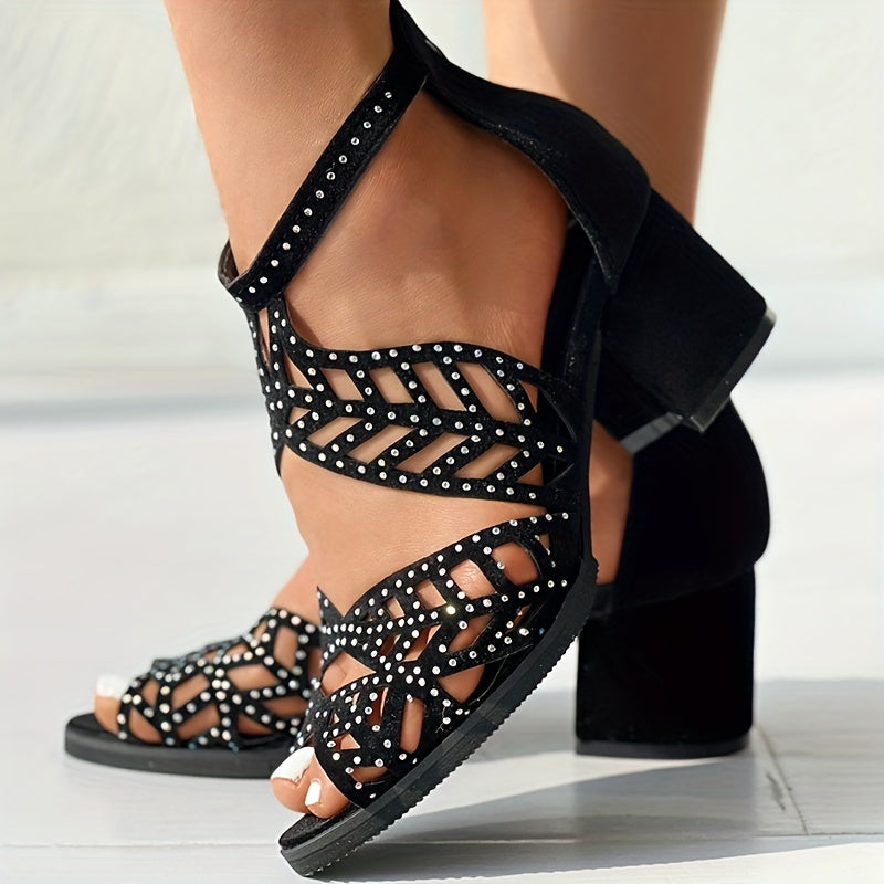 Boho Hollow Block Heels Peep Toe Zipper Sandals Dress Heels