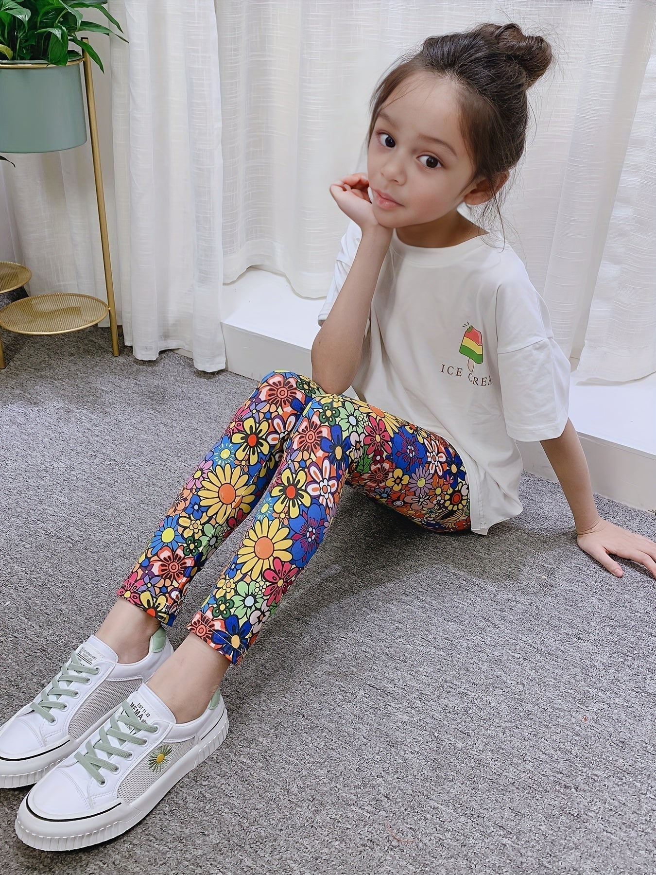 Girls' Floral Print Leggings Pants - Thin & Breathable for Summer
