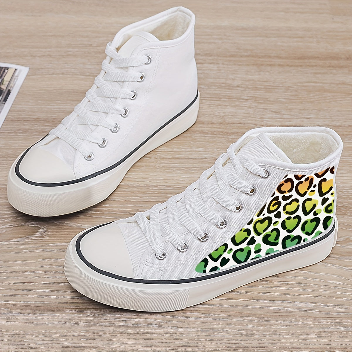 Leopard Heart Print Plush Lined Canvas Sneakers