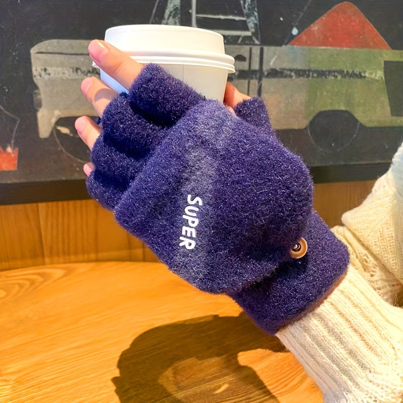 Winter Men's Half Fingerless Flip Gloves Plus Velvet Thick Gloves