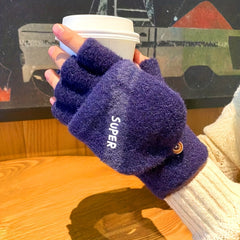 Winter Men's Half Fingerless Flip Gloves Plus Velvet Thick Gloves