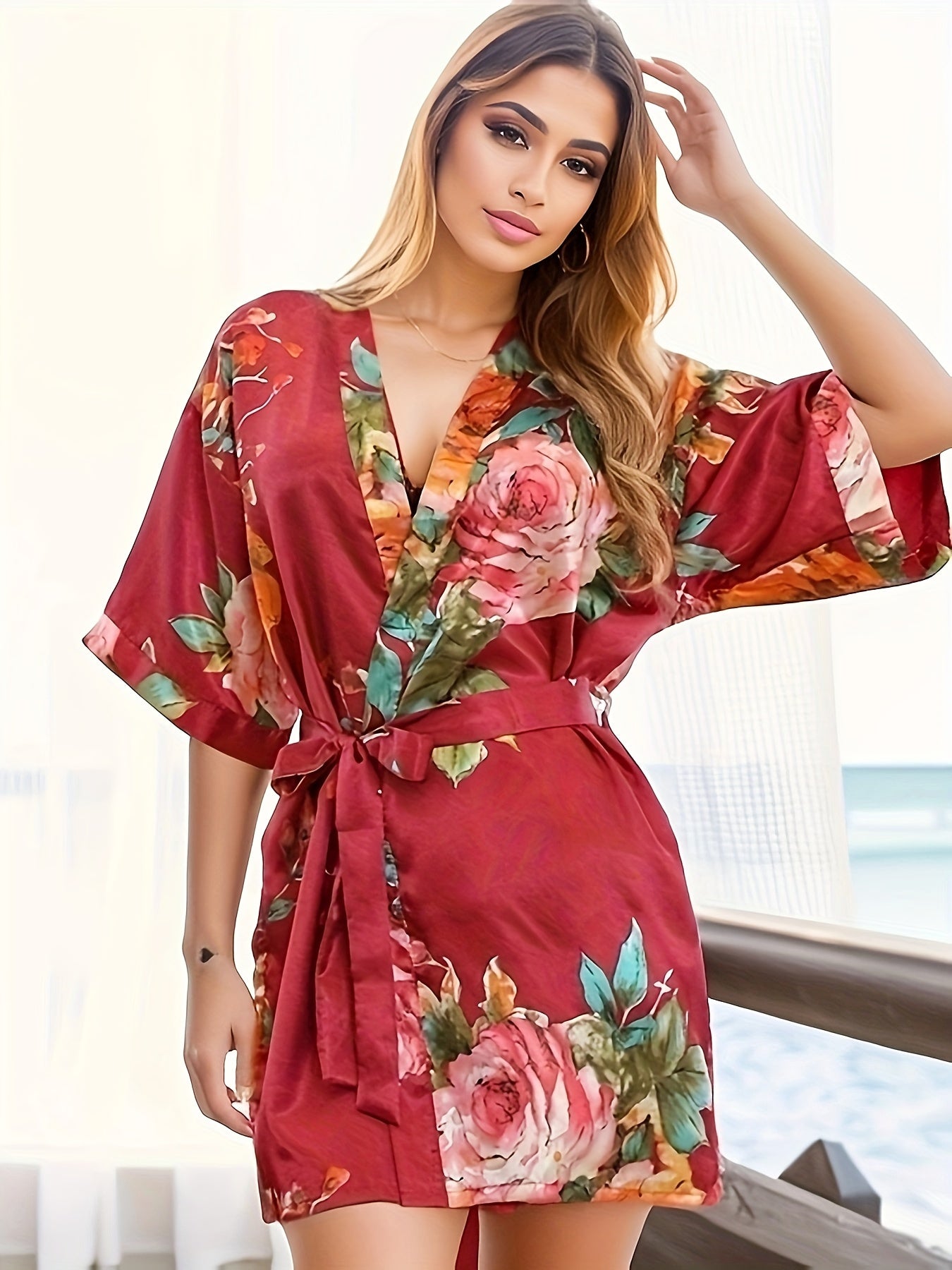 Floral Print V-Neck Night Robe with Belt