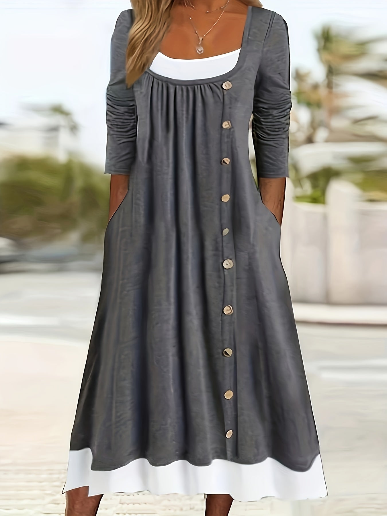 Block Button Front Dress Casual Long Sleeve Dress Women's Clothing