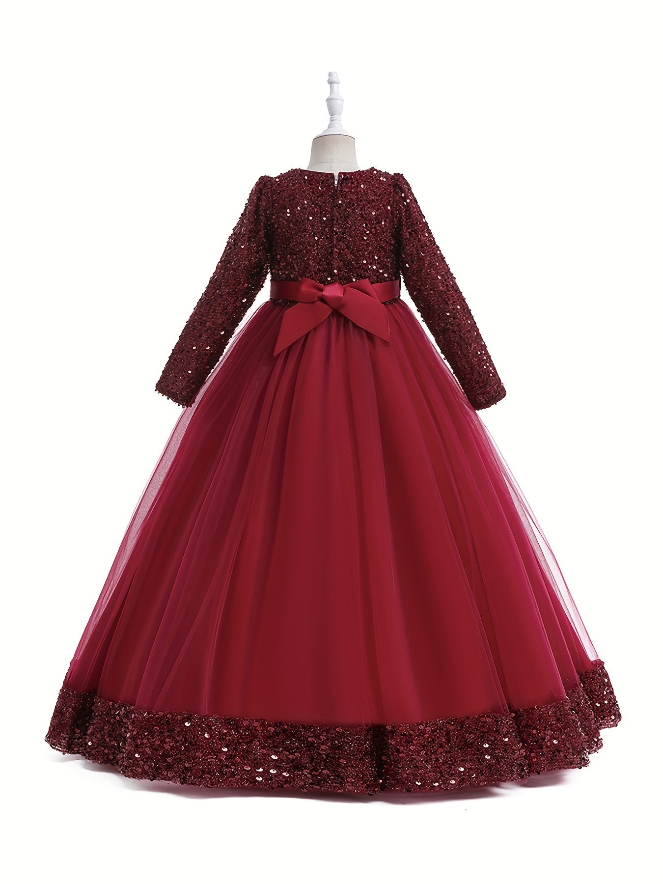 Girls' Sequin Evening Dress Long Sleeve Puff Skirt Tulle Party Ball Gown