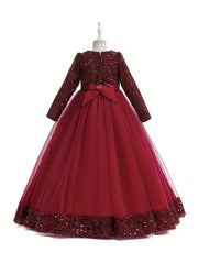 Girls' Sequin Evening Dress Long Sleeve Puff Skirt Tulle Party Ball Gown
