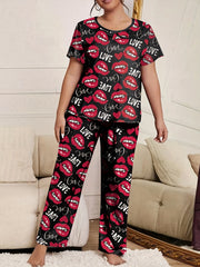 Heart & Lips Print Top & Pants Pajama Set