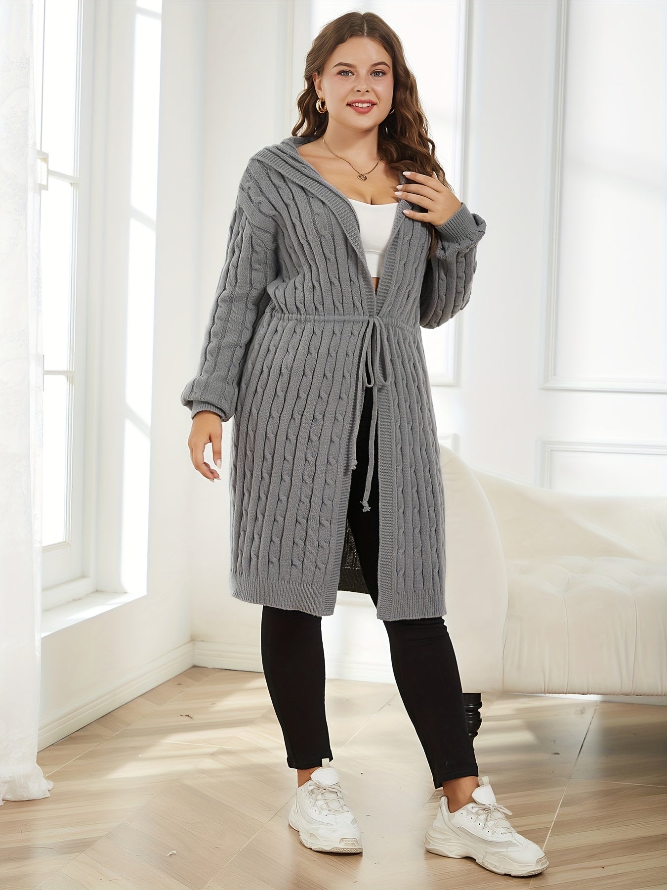 Cable Knit Hooded Cardigan Long Sleeve Drawstring