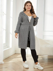 Cable Knit Hooded Cardigan Long Sleeve Drawstring