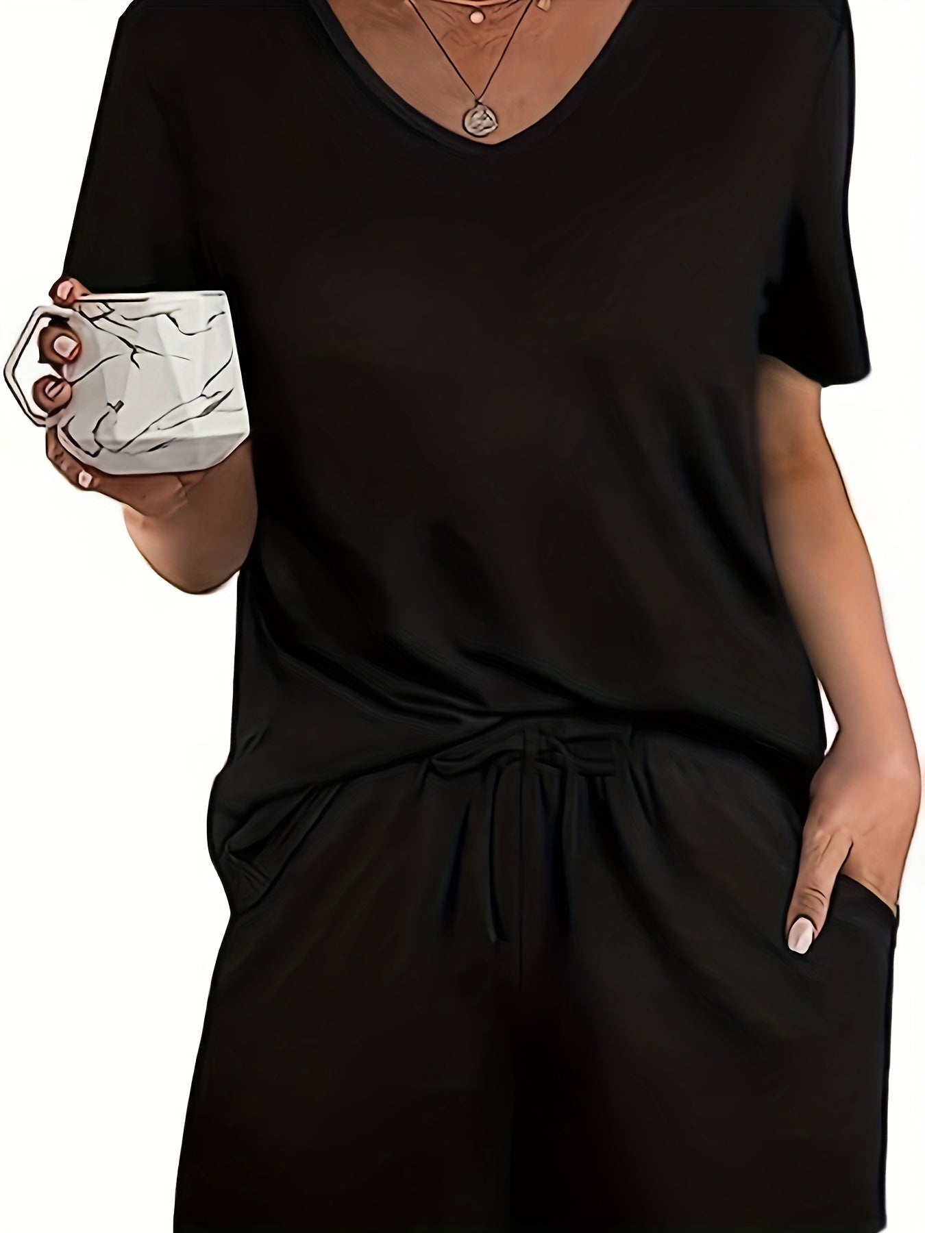 Women's Plus Solid Short Sleeve V Neck Pajama Set