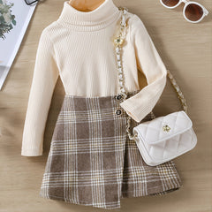 2pcs Girls Long Sleeves High Neck Top & Plaid Skirt Set