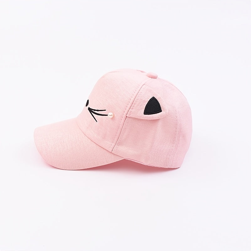Girls Cat Embroidery Baseball Cap with Pearls Sun Protection Sunshade Hat