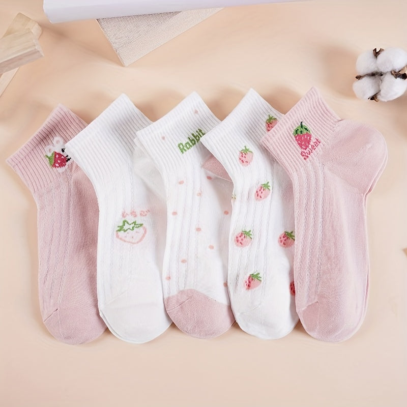 5 Pairs Strawberry Print Crew Short Socks Women's Stockings