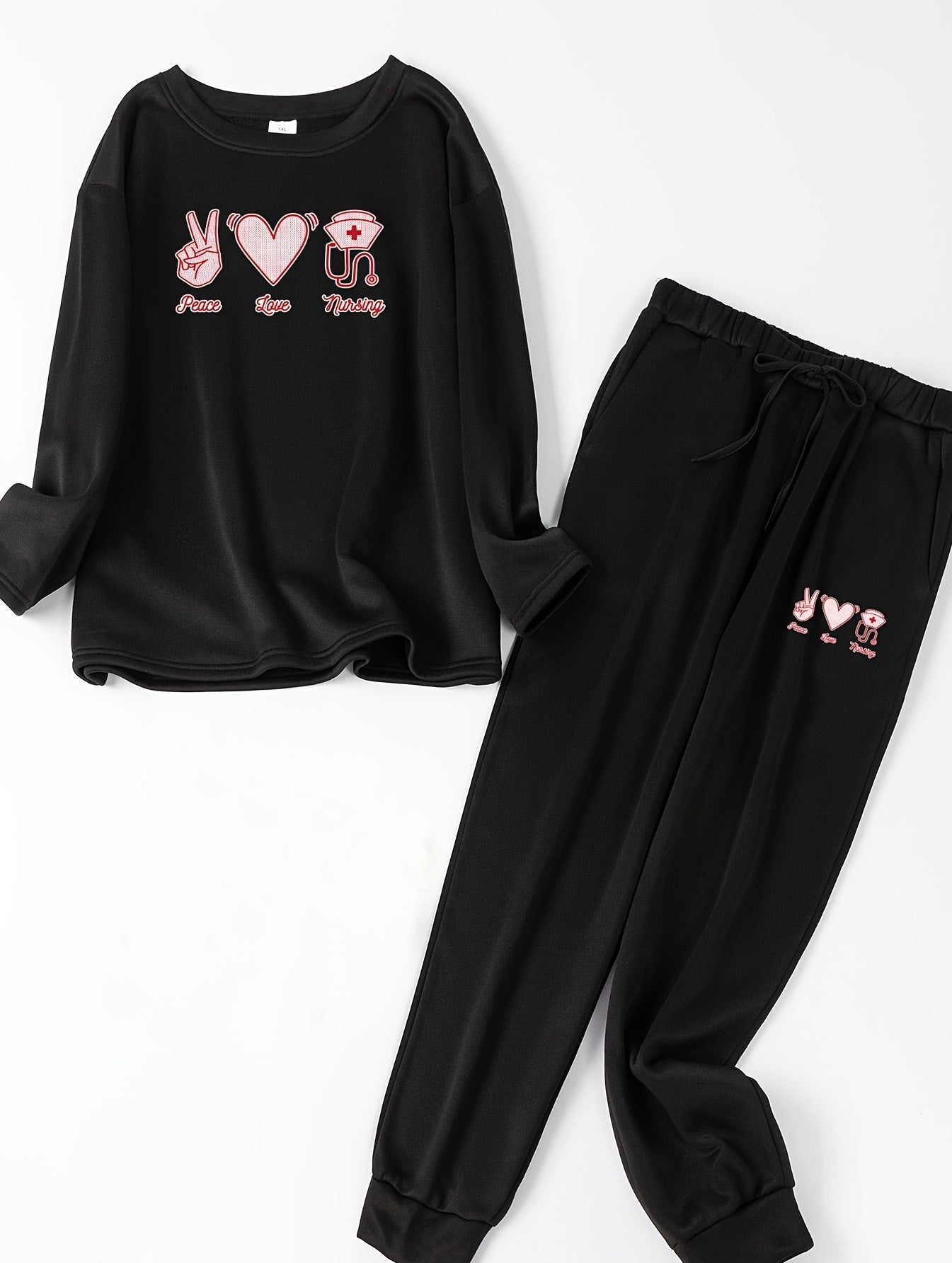 Heart Graphic Print Lounge Set Long Sleeve Top & Joggers Pajamas