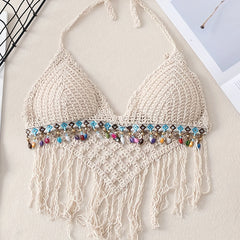 Solid Tassel Halter Top Sleeveless Crop Top Women's Clothing