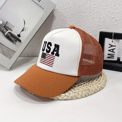 Flag Print Trucker Hat Mesh Breathable Unisex Sunshade Baseball Cap Adjustable