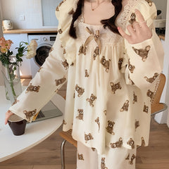 Teddy Bear Print Pajama Set Long Sleeve Square Neck Top & Lounge Pants