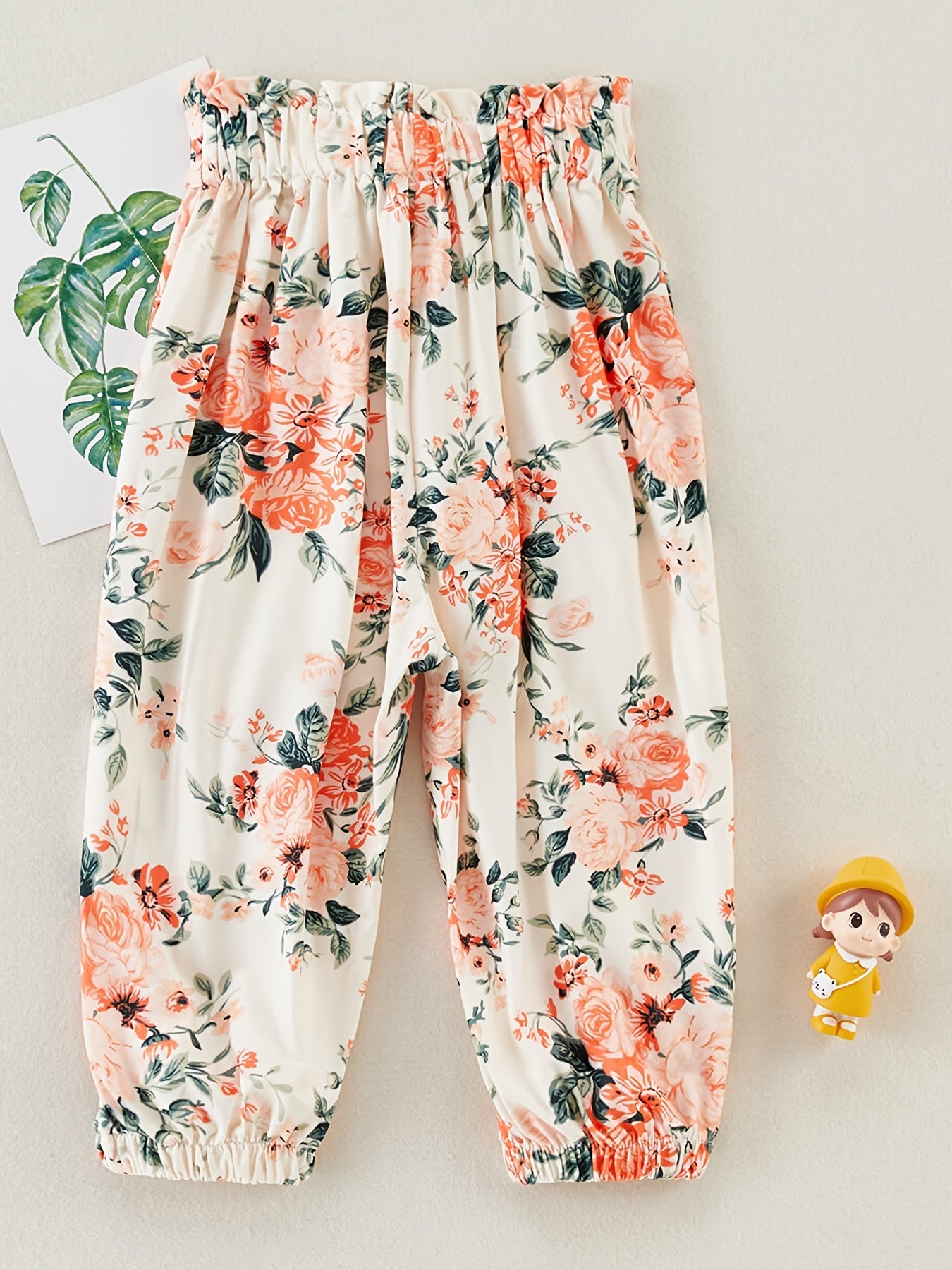 Girls Floral Print Trousers Ruffles Belted Pants Summer Clothes