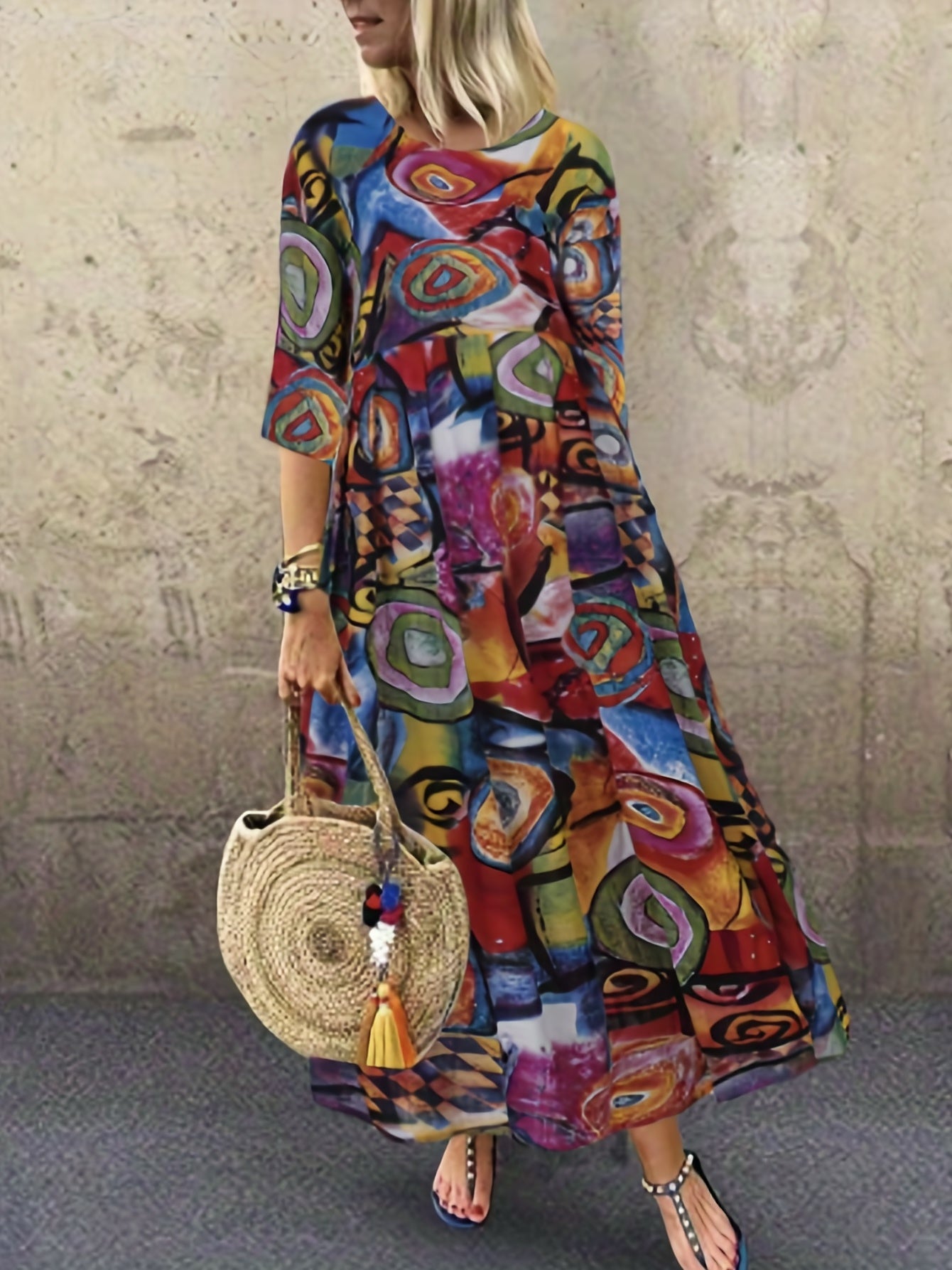 Boho Dress Abstract Print Half Sleeve Round Neck Maxi Dress