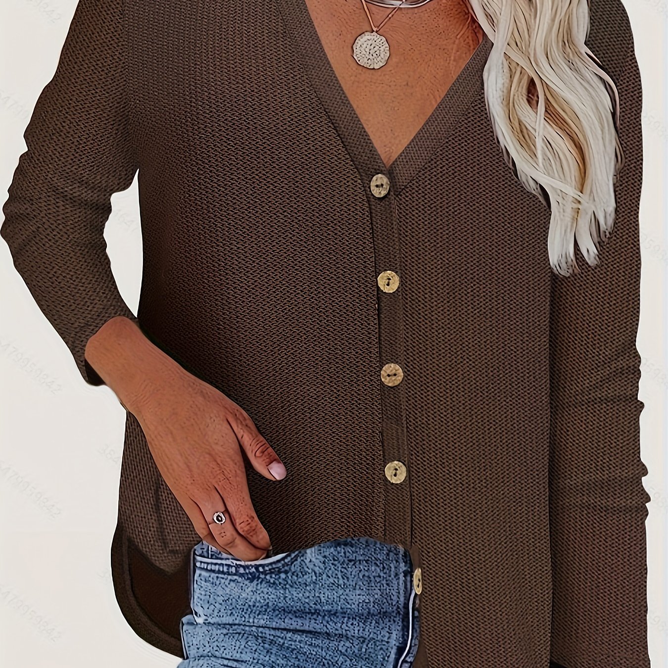 Casual Cardigan Women's Plus Solid Long Sleeve Button Front V Neck