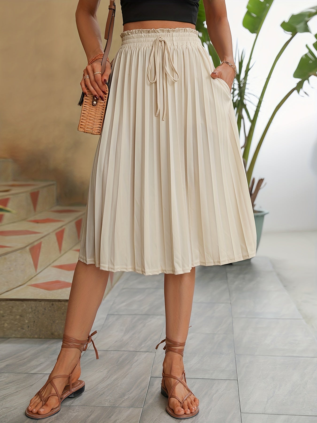 Solid Shirred Waist Pleated Skirt Casual Women's Clothing