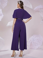 Pleated Cinched Waist V Neck Jumpsuit Casual Cape Sleeve Jumpsuit