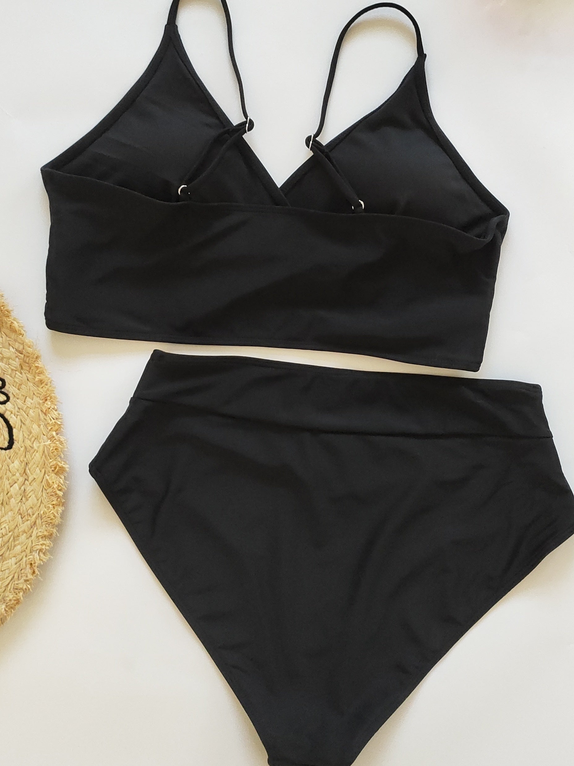 Criss Cross Wide Trim Solid Bikini Set V Neck High Cut Bathing Suit