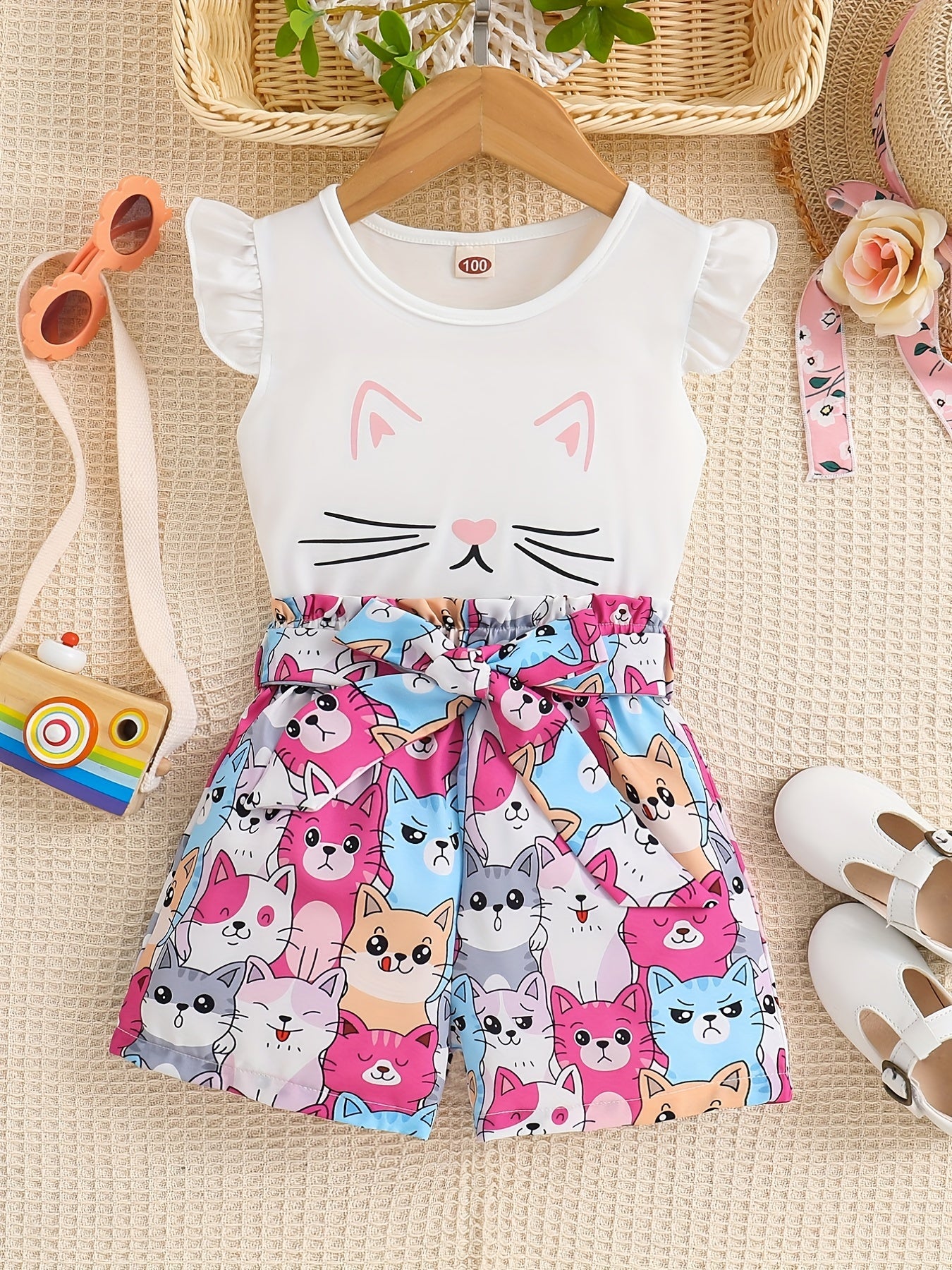 2pcs Toddler Girls Cat Graphic Ruffle Trim T Shirts Top & Shorts Set
