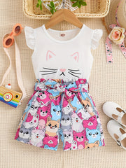 2pcs Toddler Girls Cat Graphic Ruffle Trim T Shirts Top & Shorts Set