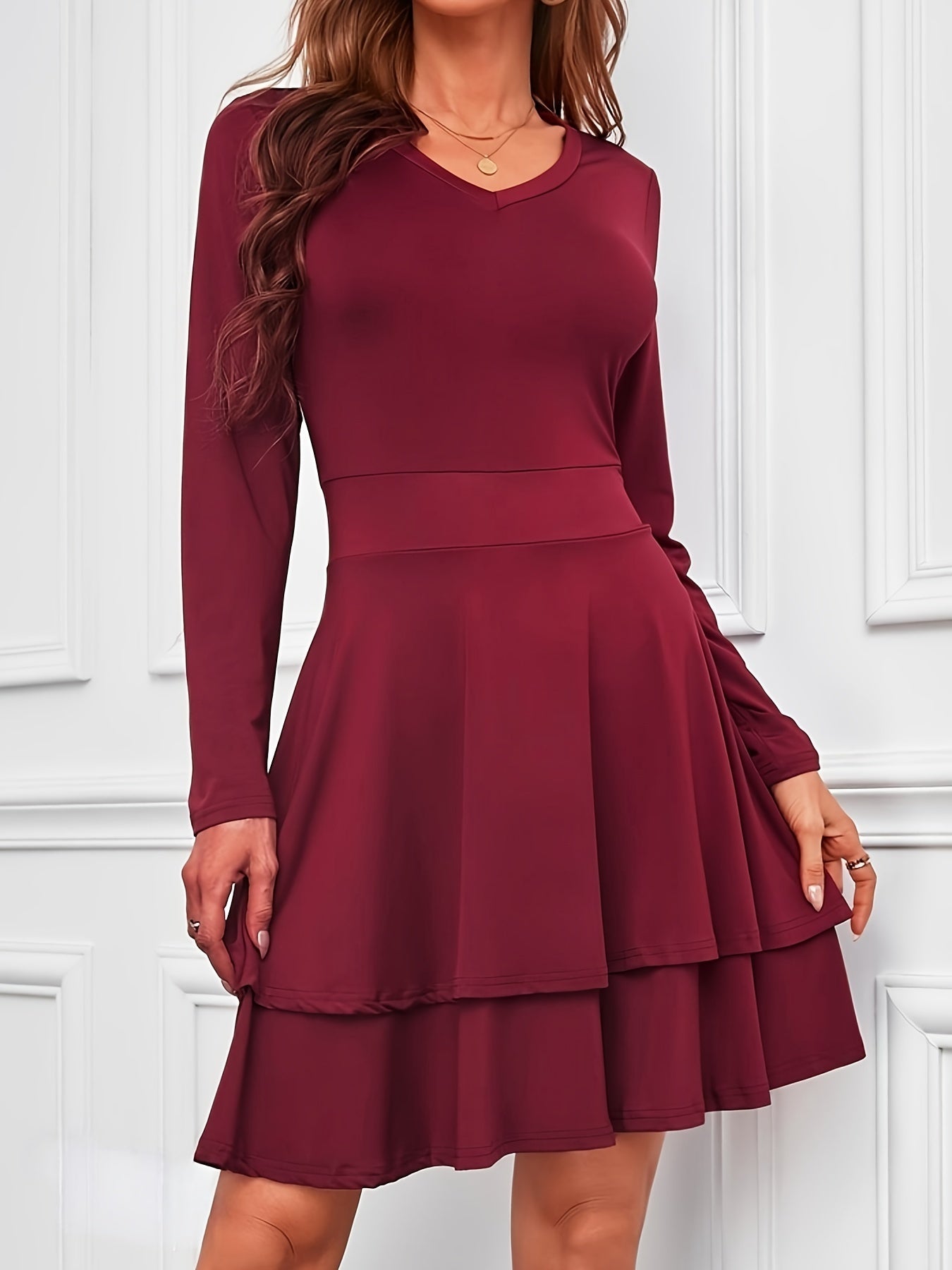 Solid Long Sleeve V Neck Layered A line Dress