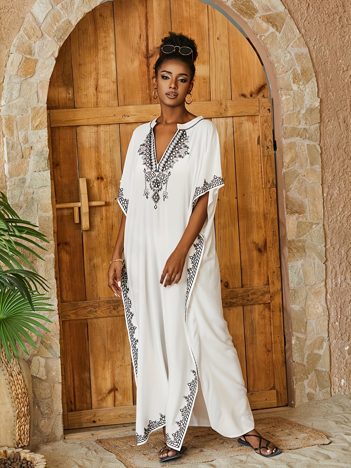 Floral Embroidered Batwing Sleeve Maxi Beach Cover Up Dress