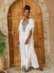 Floral Embroidered Batwing Sleeve Maxi Beach Cover Up Dress