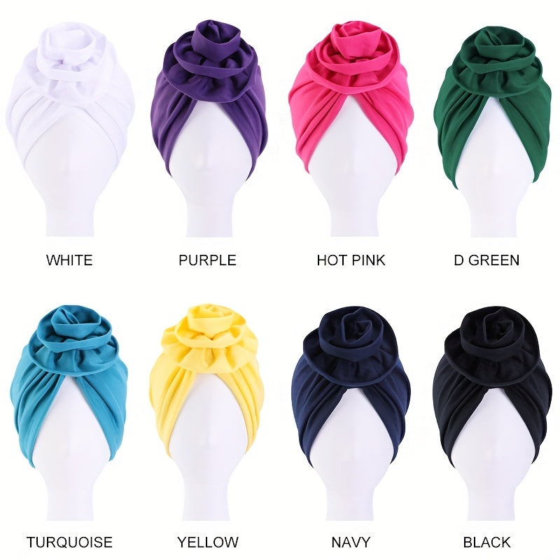 Flower Decor Ruched Turban Cap Solid Bonnet Head Wrap Head Scarf Elastic Beanie