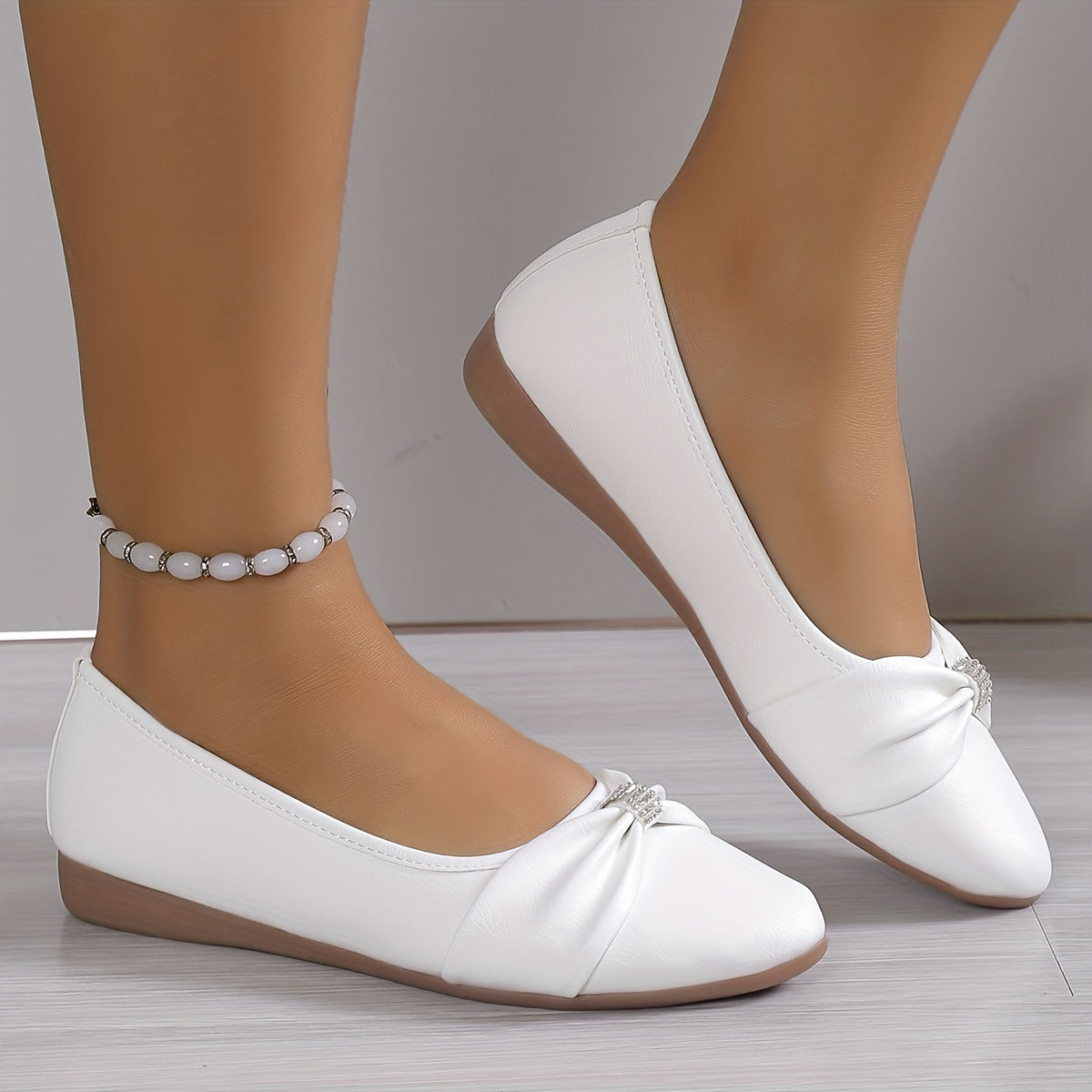 Women's Bowknot Flat Shoes Rhinestone Pointed Toe Soft Sole Ballet Flats