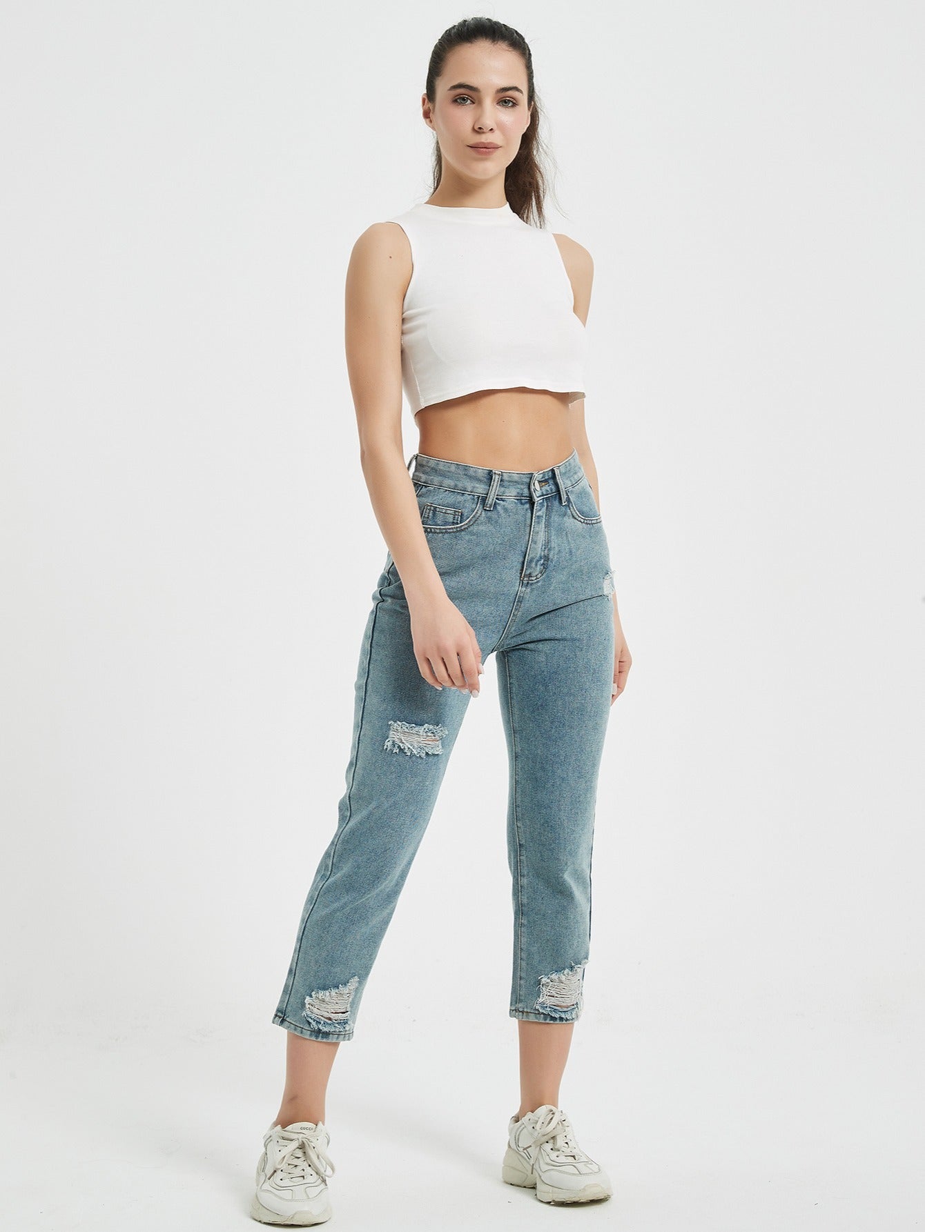 High Waist Distressed Cropped Jeans