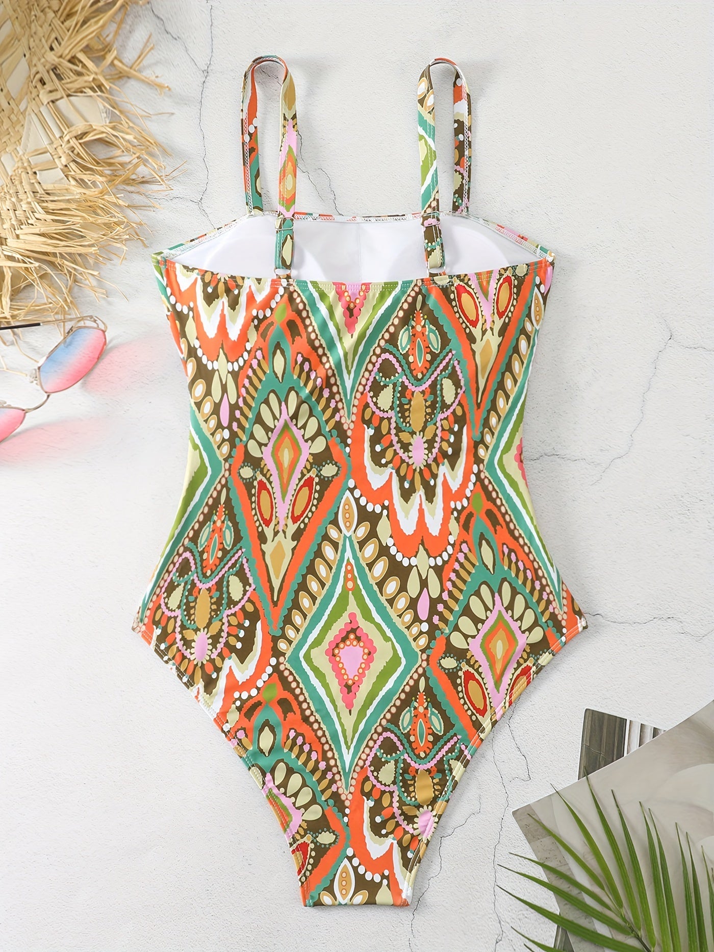 One Piece Swimsuit Graphic Print Mesh Padded Bathing Suit