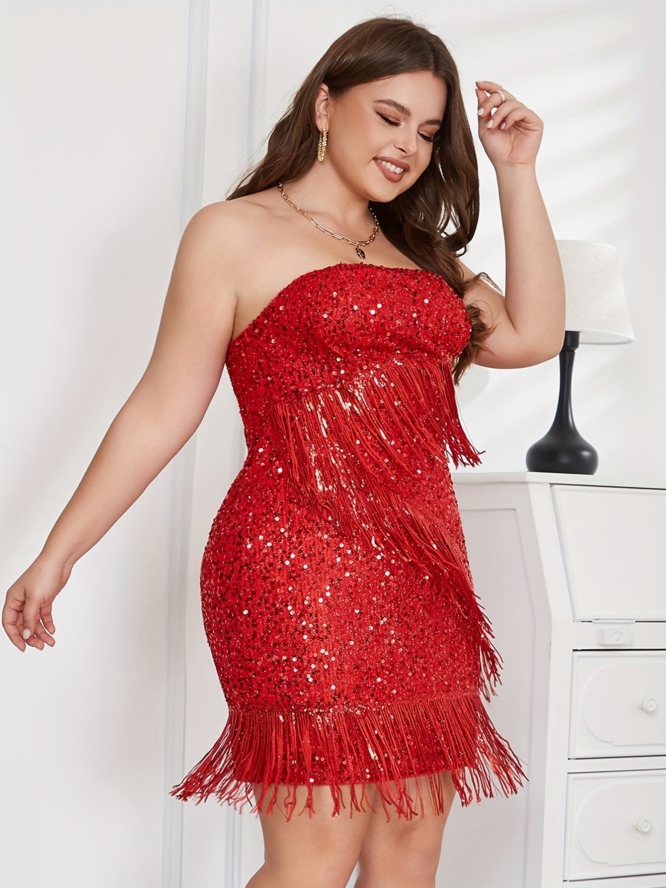 Solid Sequin Tassel Trim Midi Dress